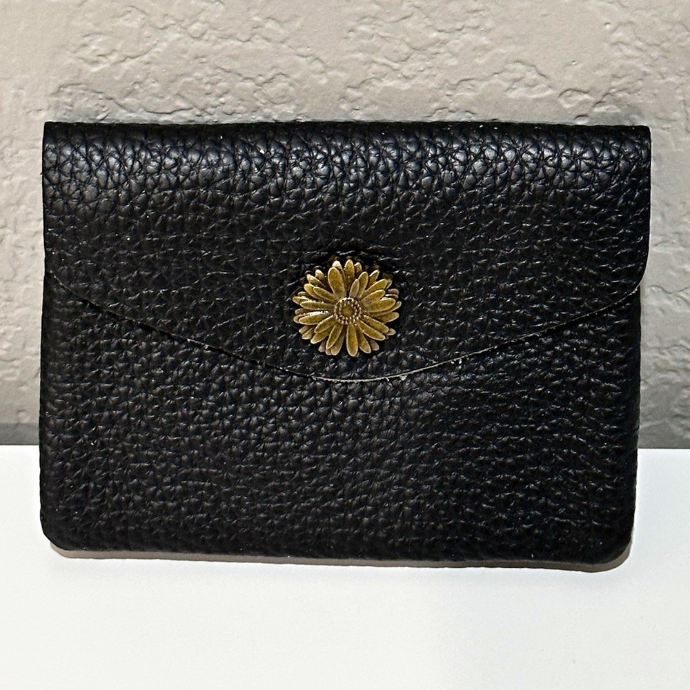 Black Envelope Folding Wallet w/ Snap Closure, Floral Emblem, Zip Coin Pocket